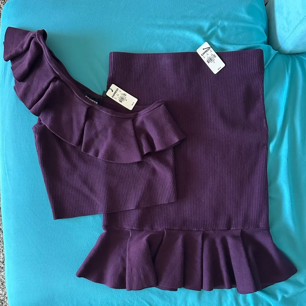 Express Body Contour Plum Ribbed Set of Crop One Shoulder Top and Ruffle Skirt